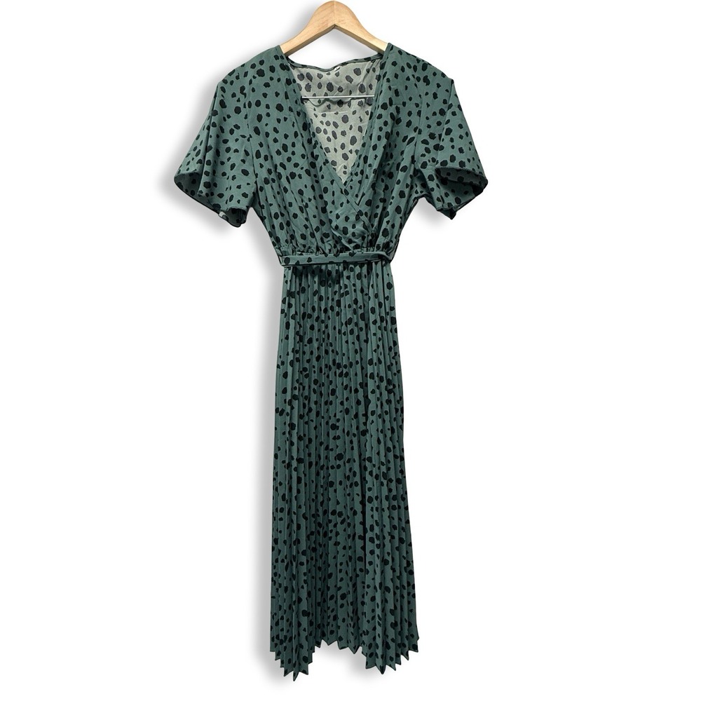 Green Black Dalmatian Spot Pleated Midi Wrap Dress Flutter Sleeve Women L Chic